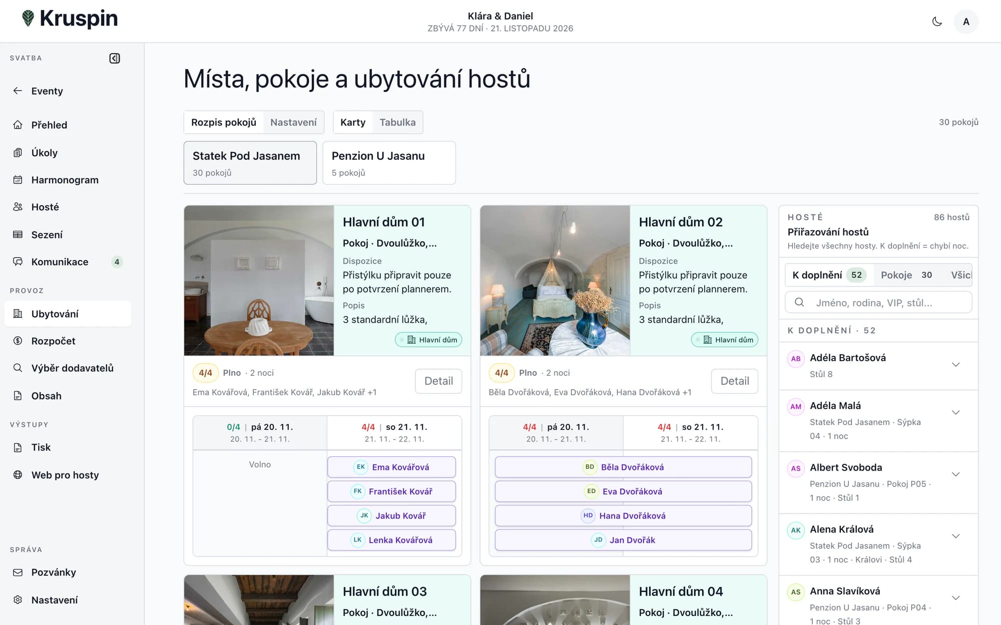 Pokoje, kapacity a ubytovaní hosté v aplikaci Kruspin