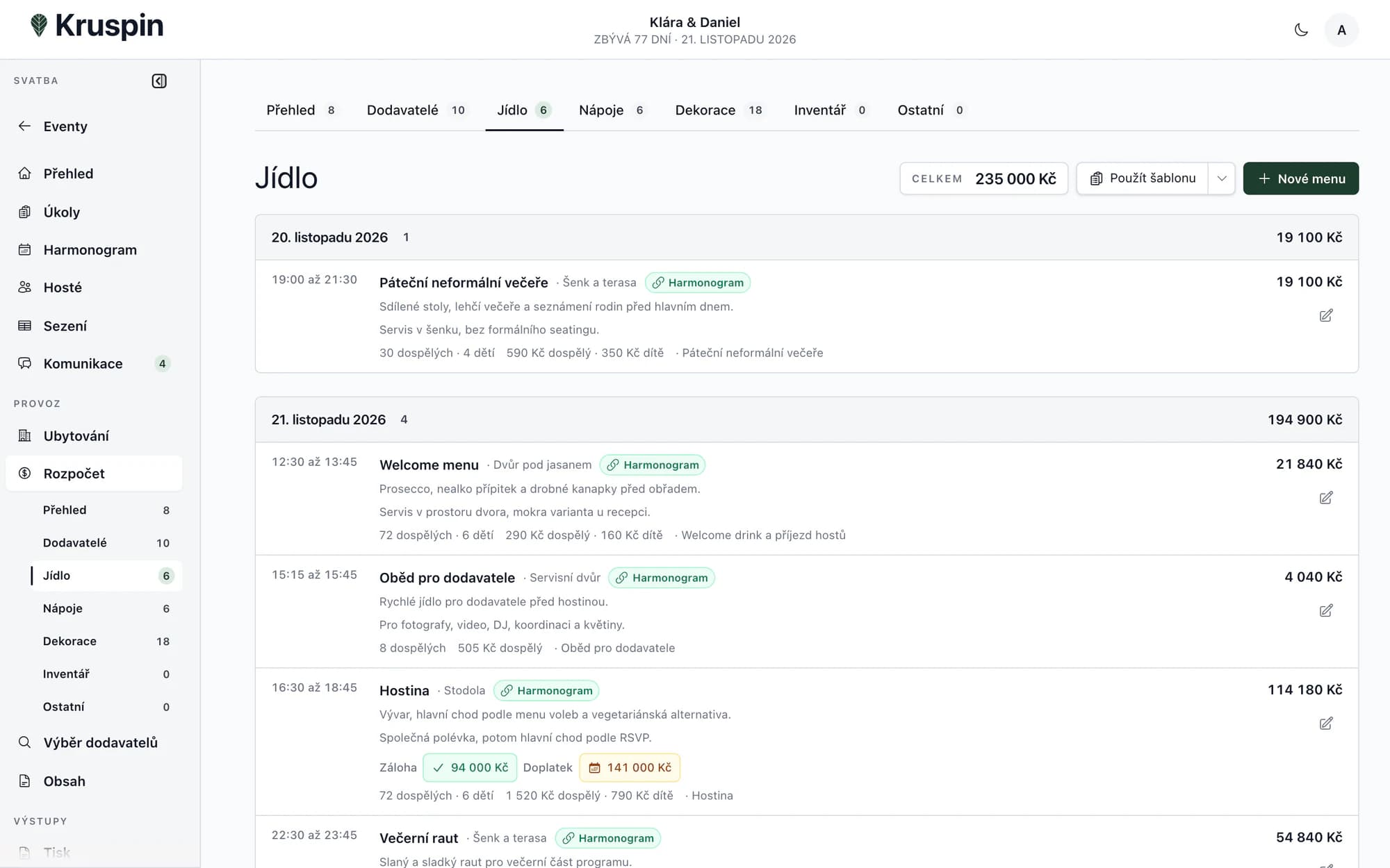 Menu, porce a časy podávání v aplikaci Kruspin
