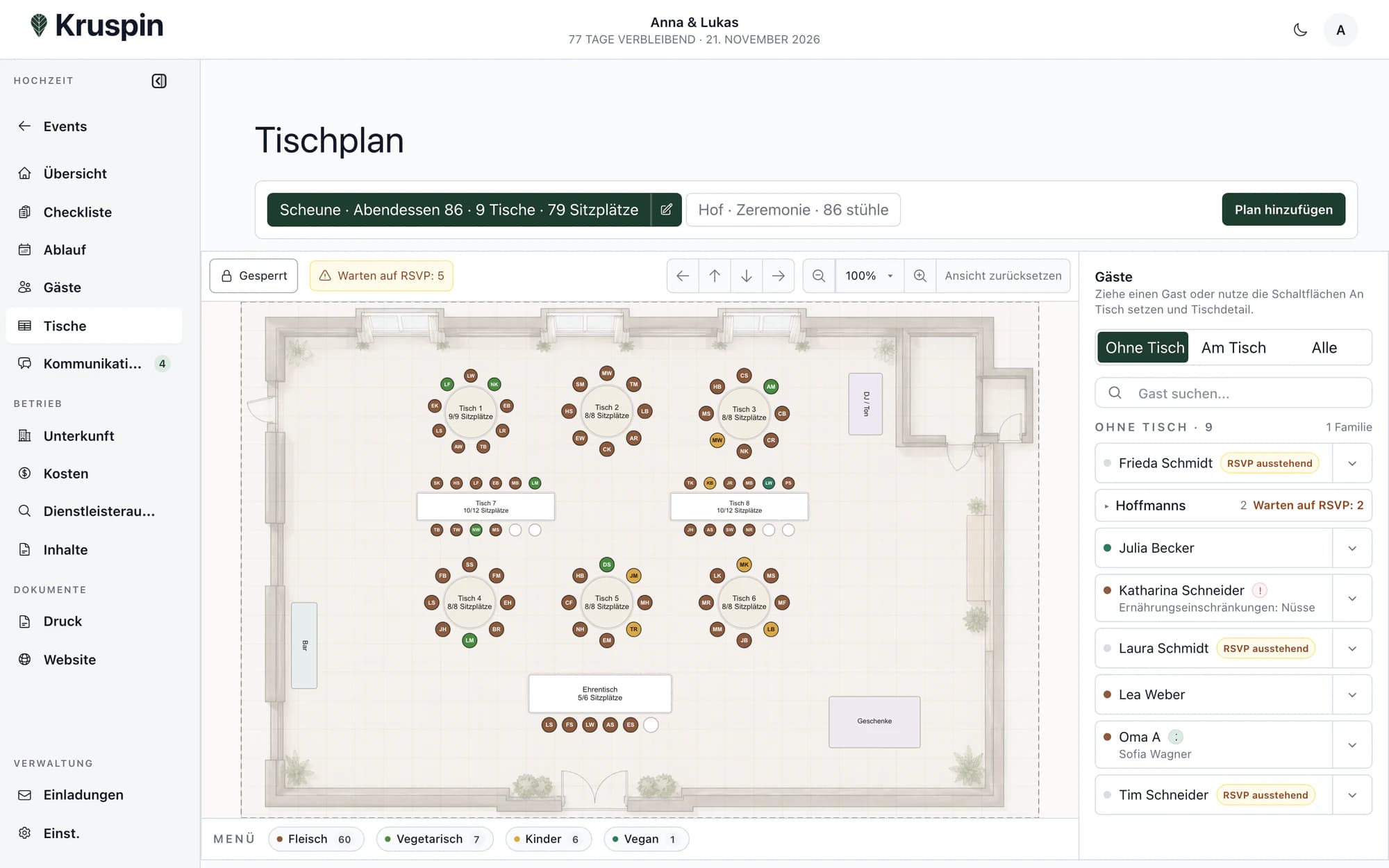 Sitzplan mit Gästen und Menüs an den Sitzplätzen in Kruspin