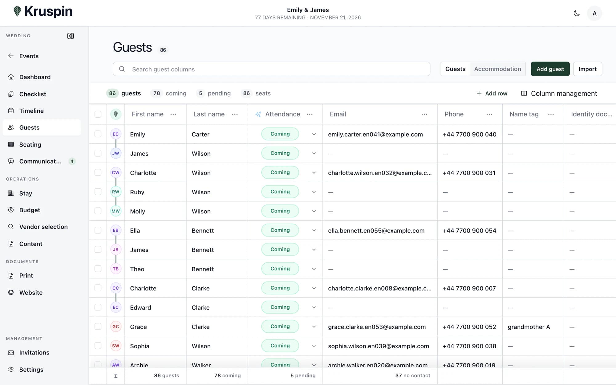 Guests with attendance, contacts and responses in Kruspin