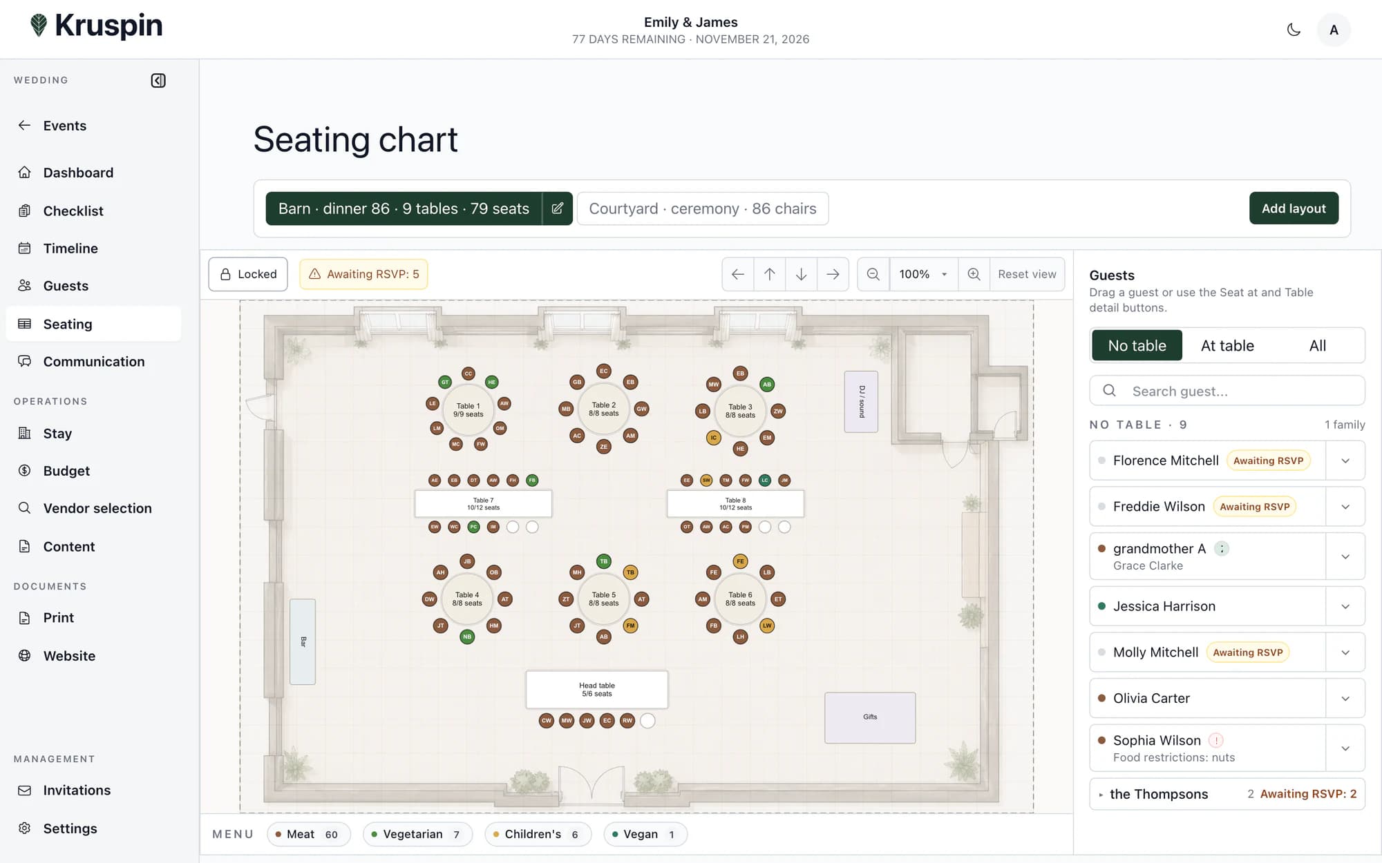 A seating plan with guests and meal choices in Kruspin