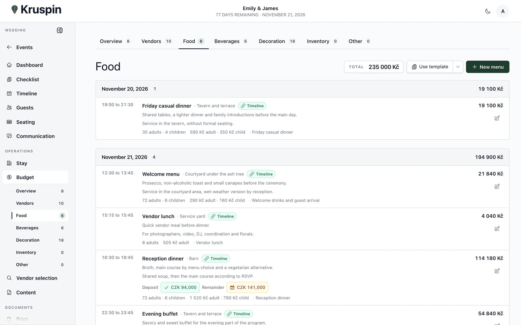 Menus, portions and serving times in Kruspin