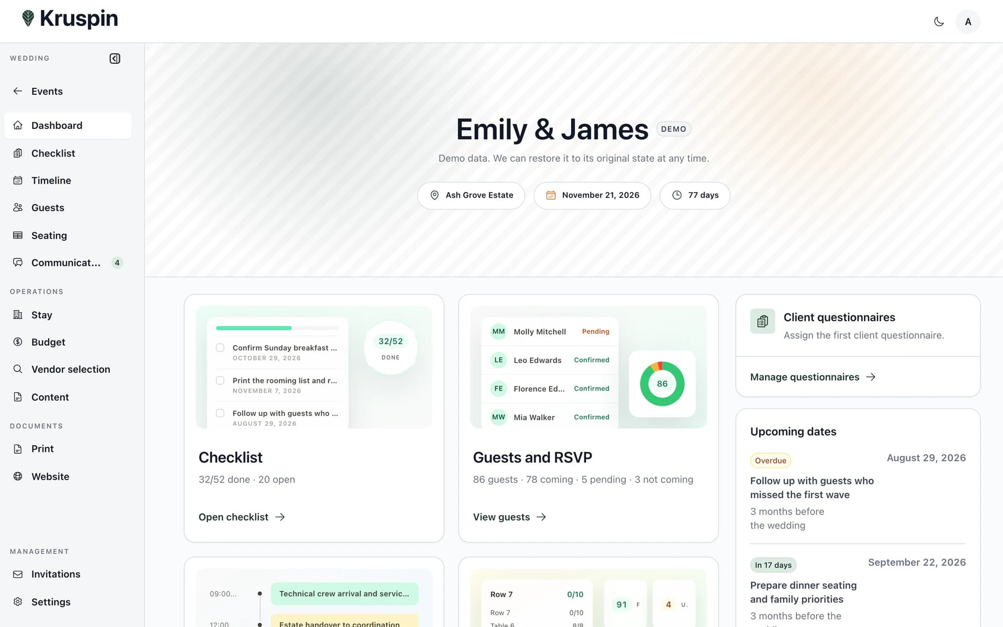 A sample wedding overview in Kruspin showing tasks, guest responses and upcoming deadlines.