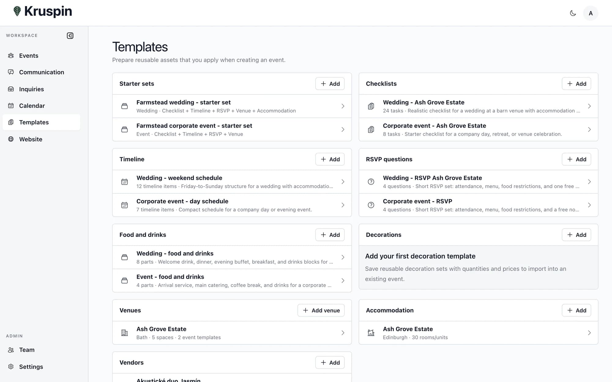 The library of custom templates in Kruspin