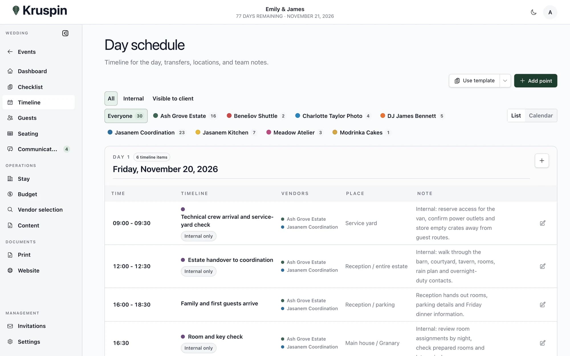 A timeline with times, locations and people responsible in Kruspin