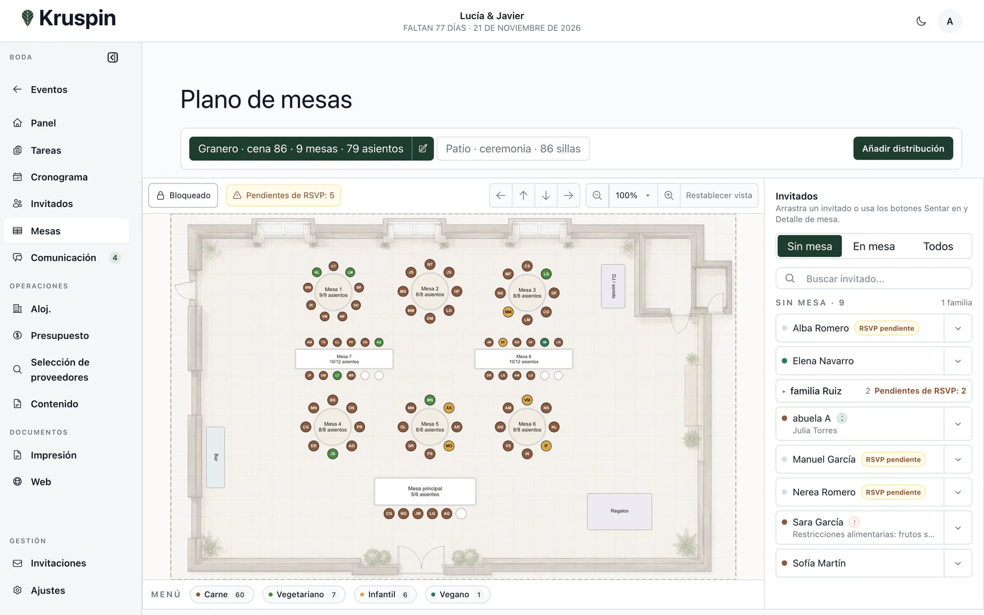 Plano de mesas con invitados y menús en cada asiento en Kruspin
