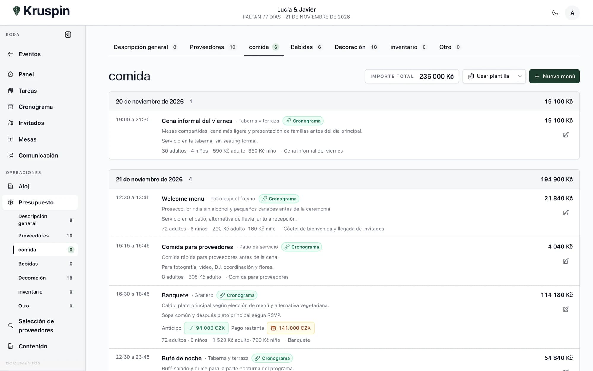 Menús, raciones y horarios de servicio en Kruspin