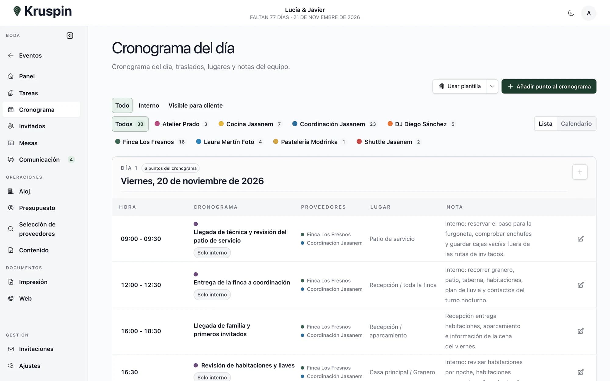 Cronograma con horarios, lugares y responsables en Kruspin