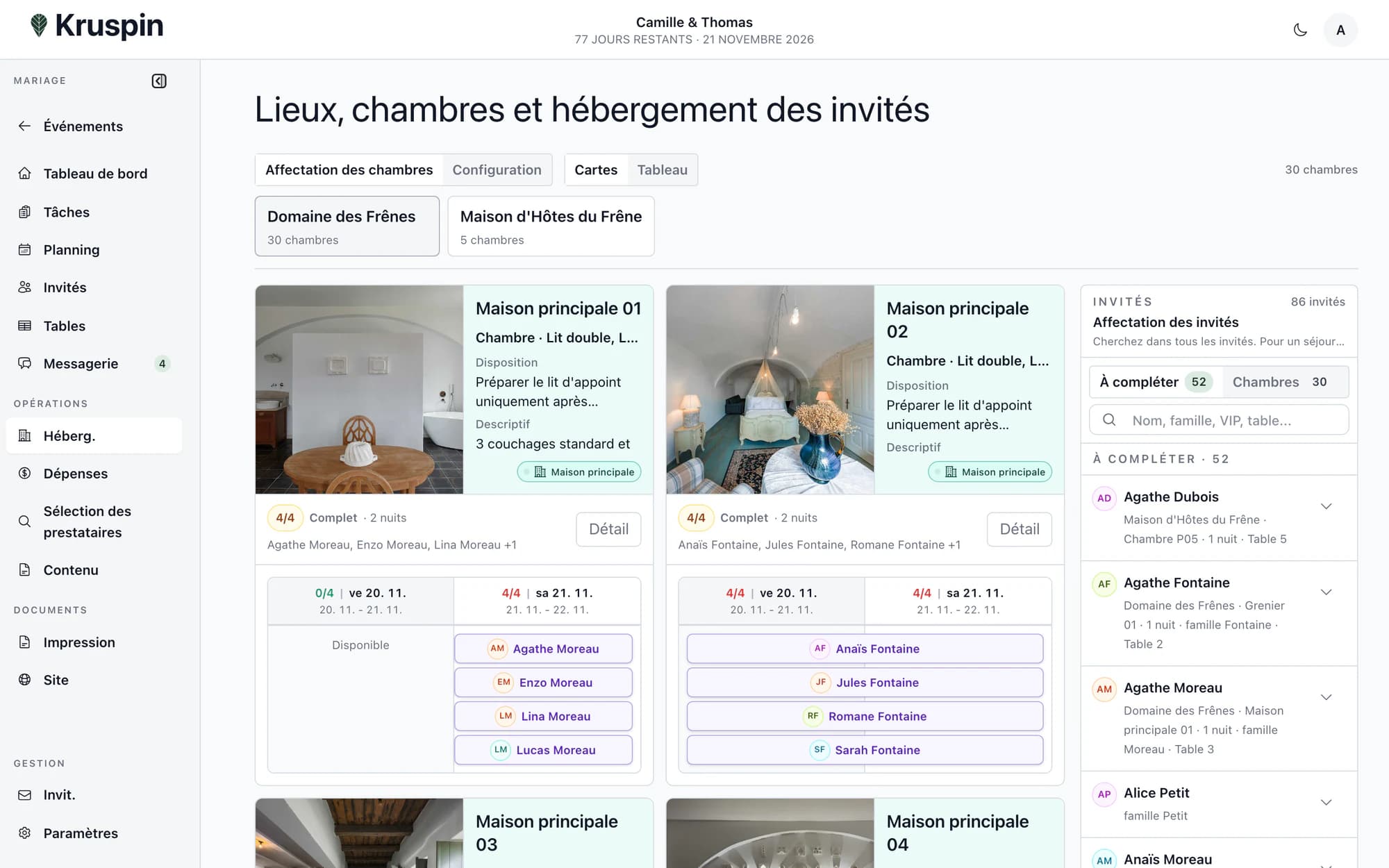 Chambres, capacités et invités hébergés dans Kruspin