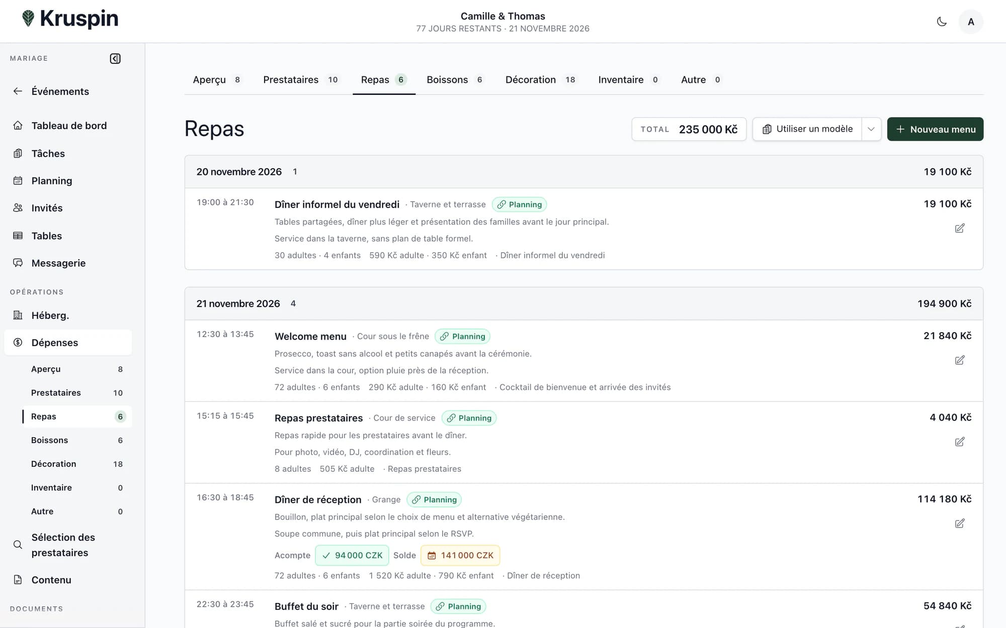 Menus, portions et horaires de service dans Kruspin