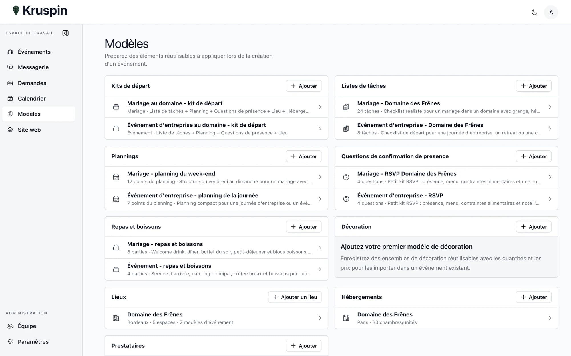 Bibliothèque de modèles personnels dans Kruspin