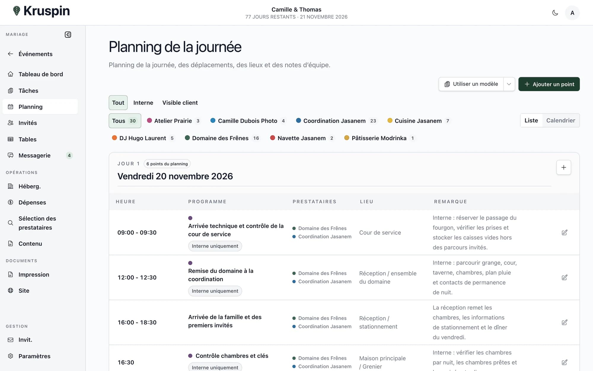 Planning avec horaires, lieux et personnes responsables dans Kruspin