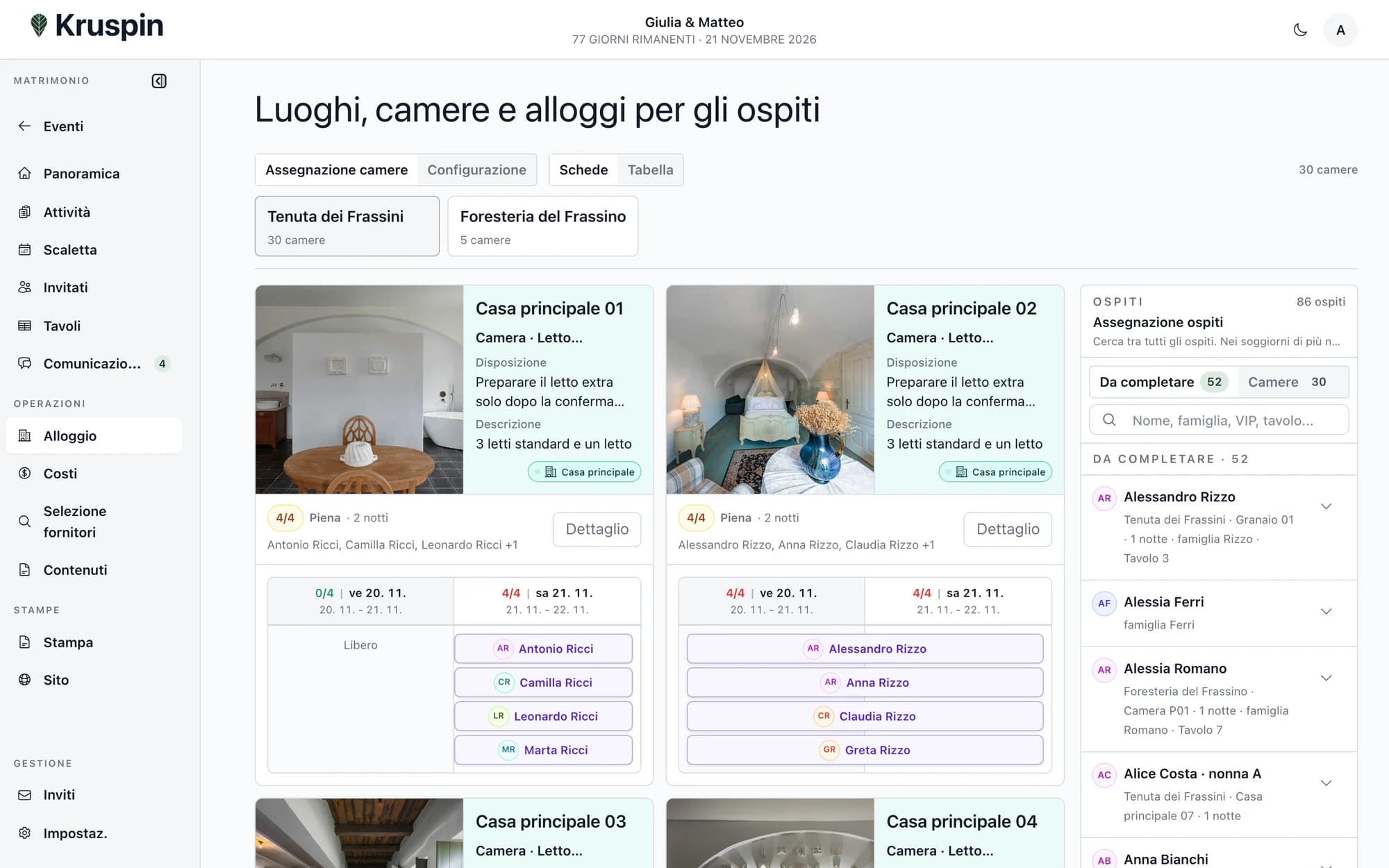 Camere, capienza e ospiti alloggiati in Kruspin