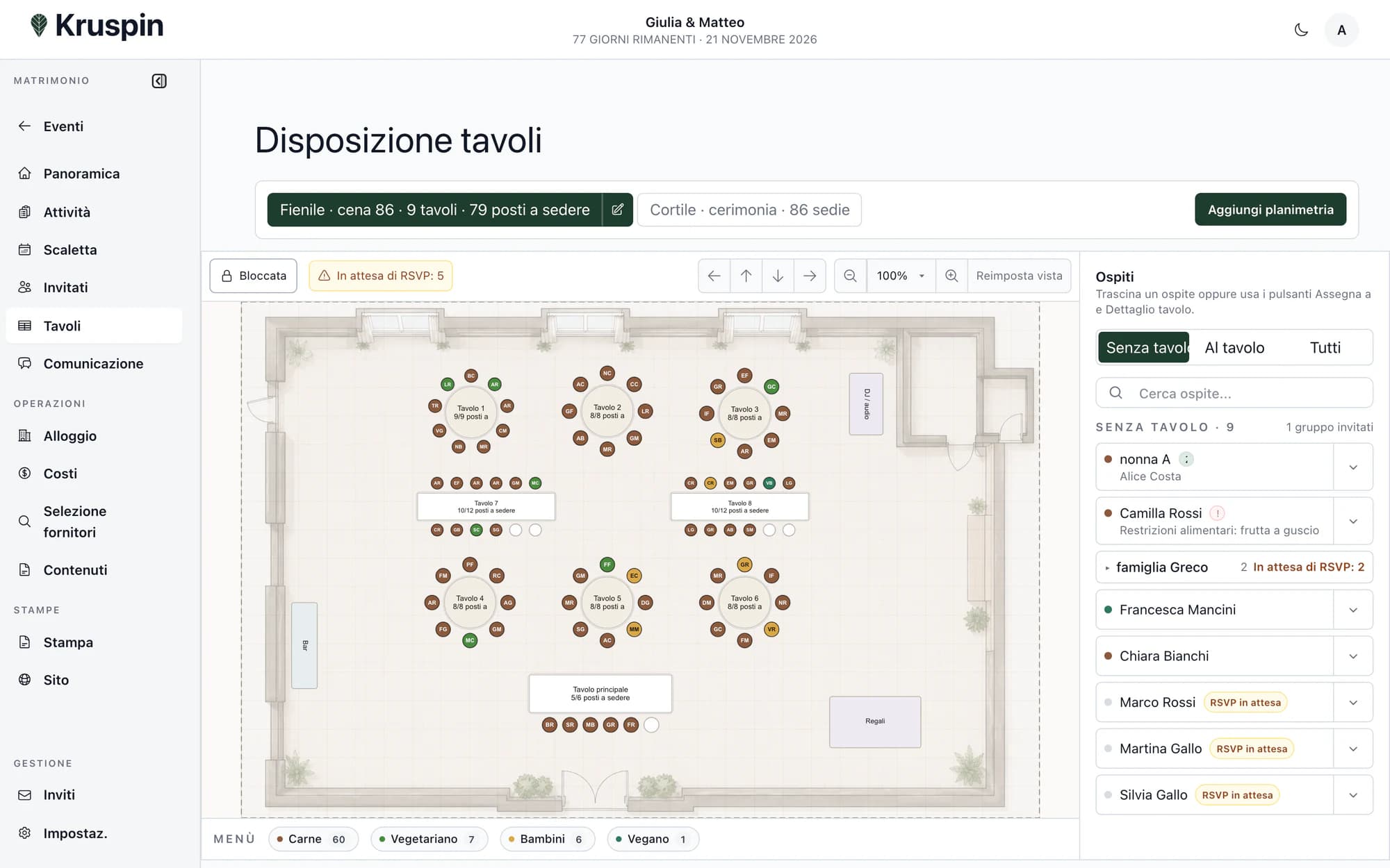 Disposizione dei posti con ospiti e menu ai posti in Kruspin