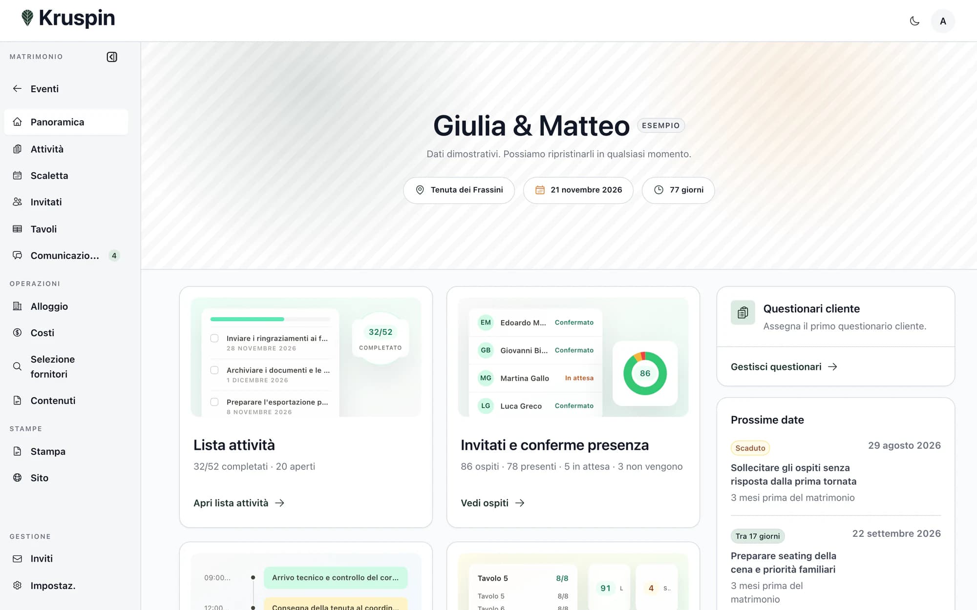 Panoramica di un matrimonio di esempio in Kruspin con attività, risposte degli invitati e prossime scadenze.