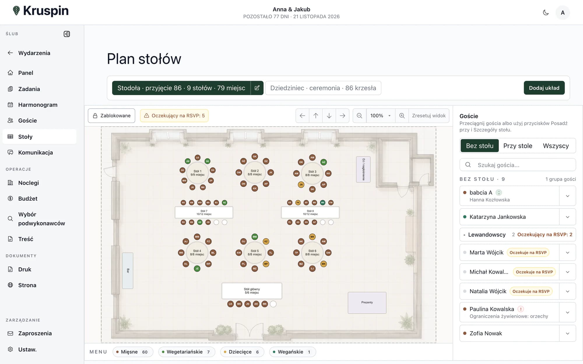 Plan stołów przykładowego wesela w aplikacji Kruspin
