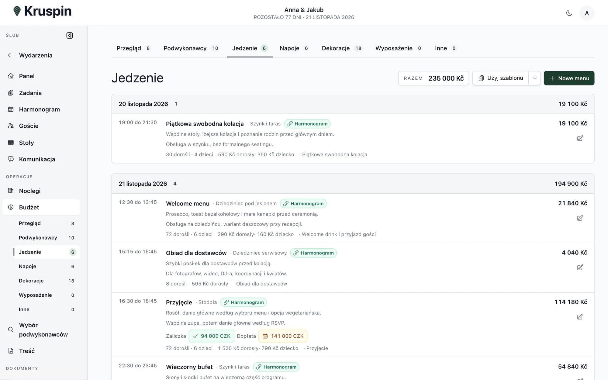 Menu, porcje i godziny podawania w aplikacji Kruspin