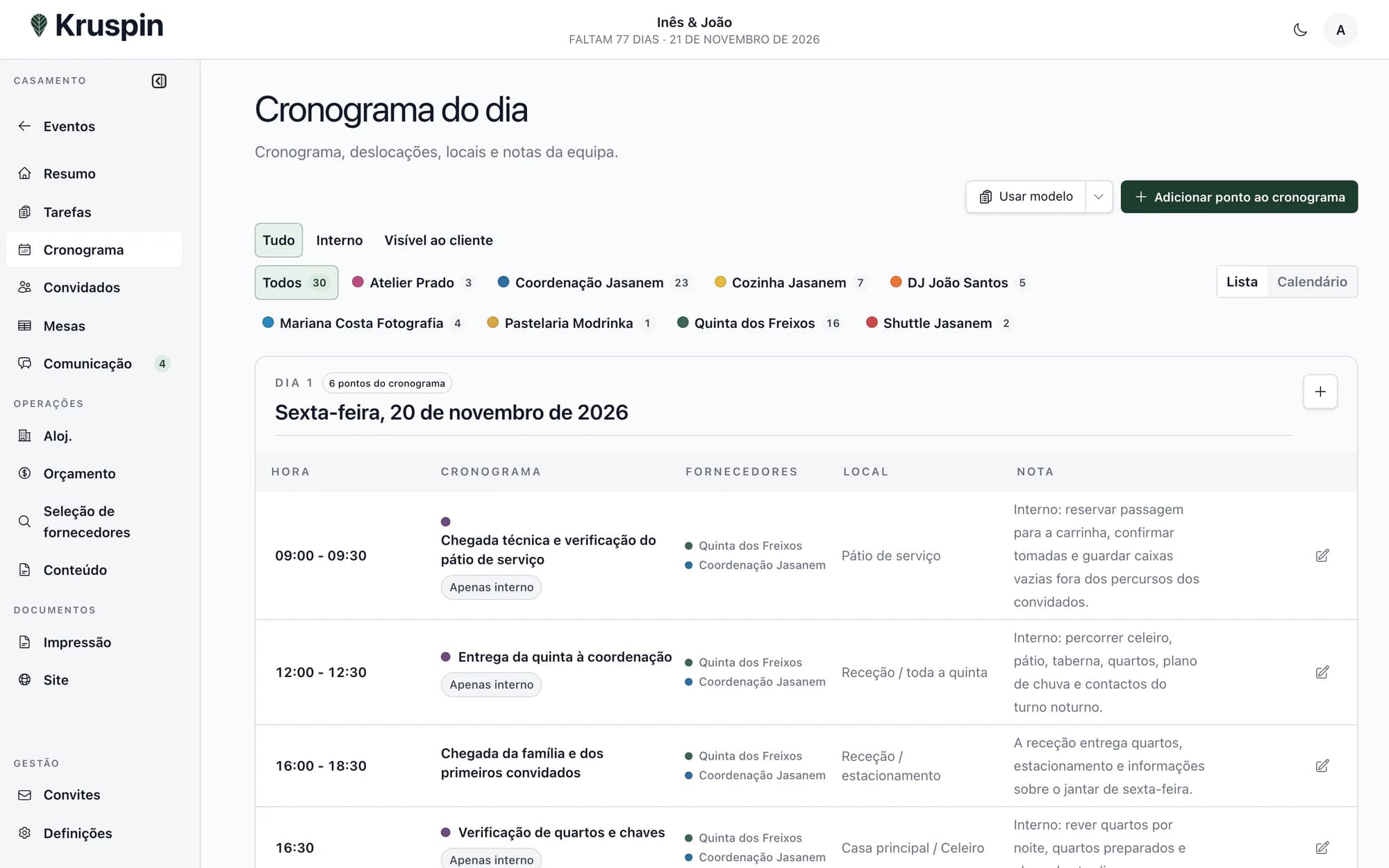 Cronograma com horários, locais e pessoas responsáveis no Kruspin