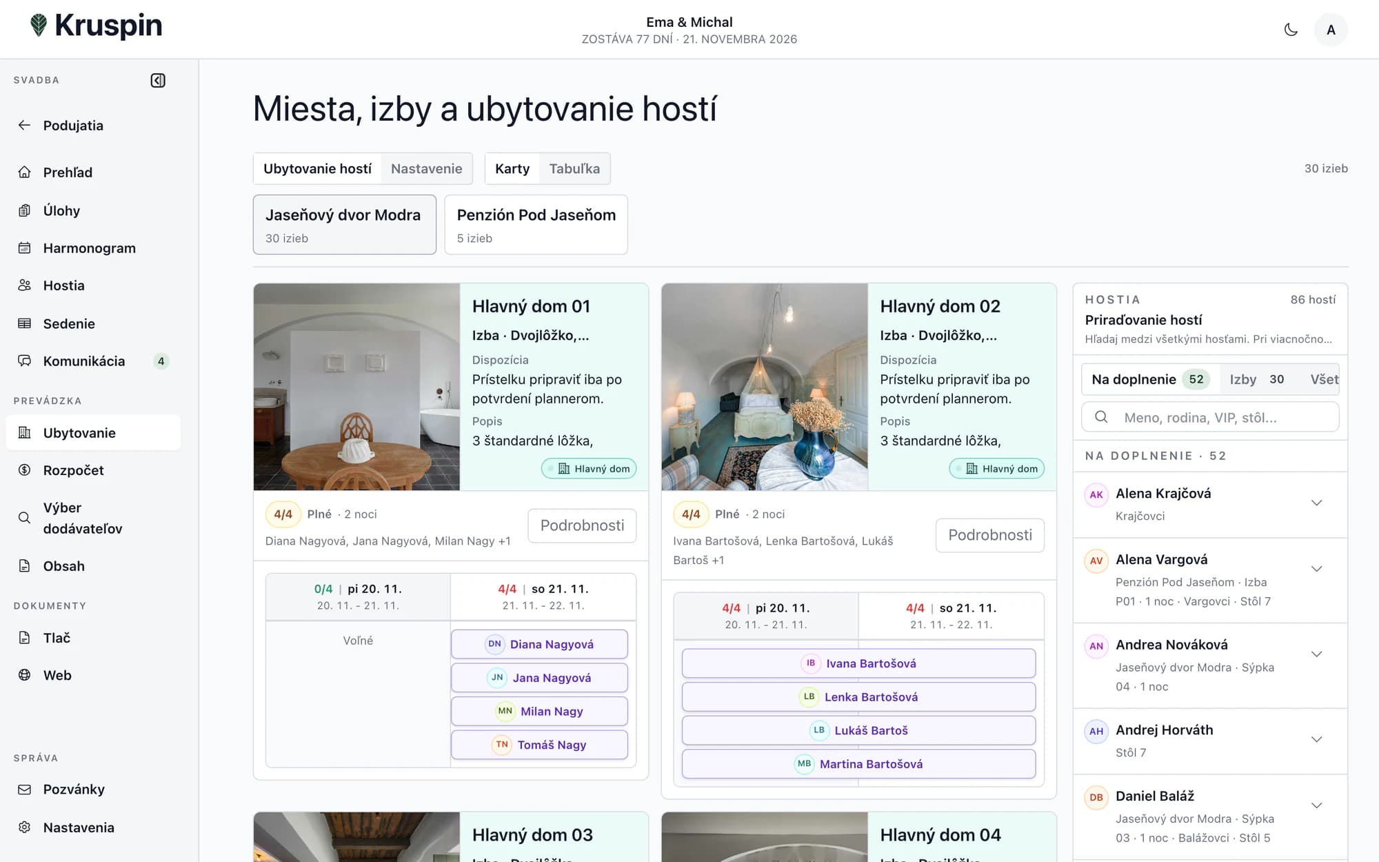 Izby, kapacity a ubytovaní hostia v aplikácii Kruspin