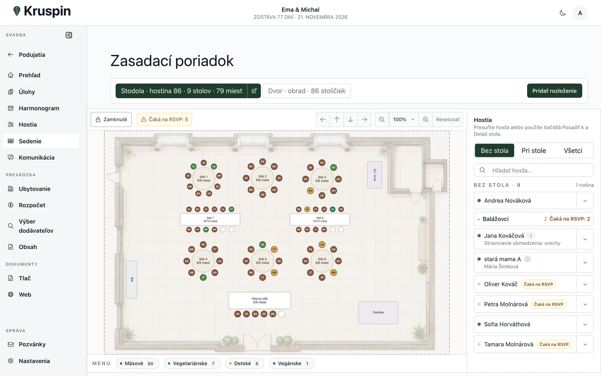 Zasadací poriadok s hosťami a menu pri miestach v aplikácii Kruspin