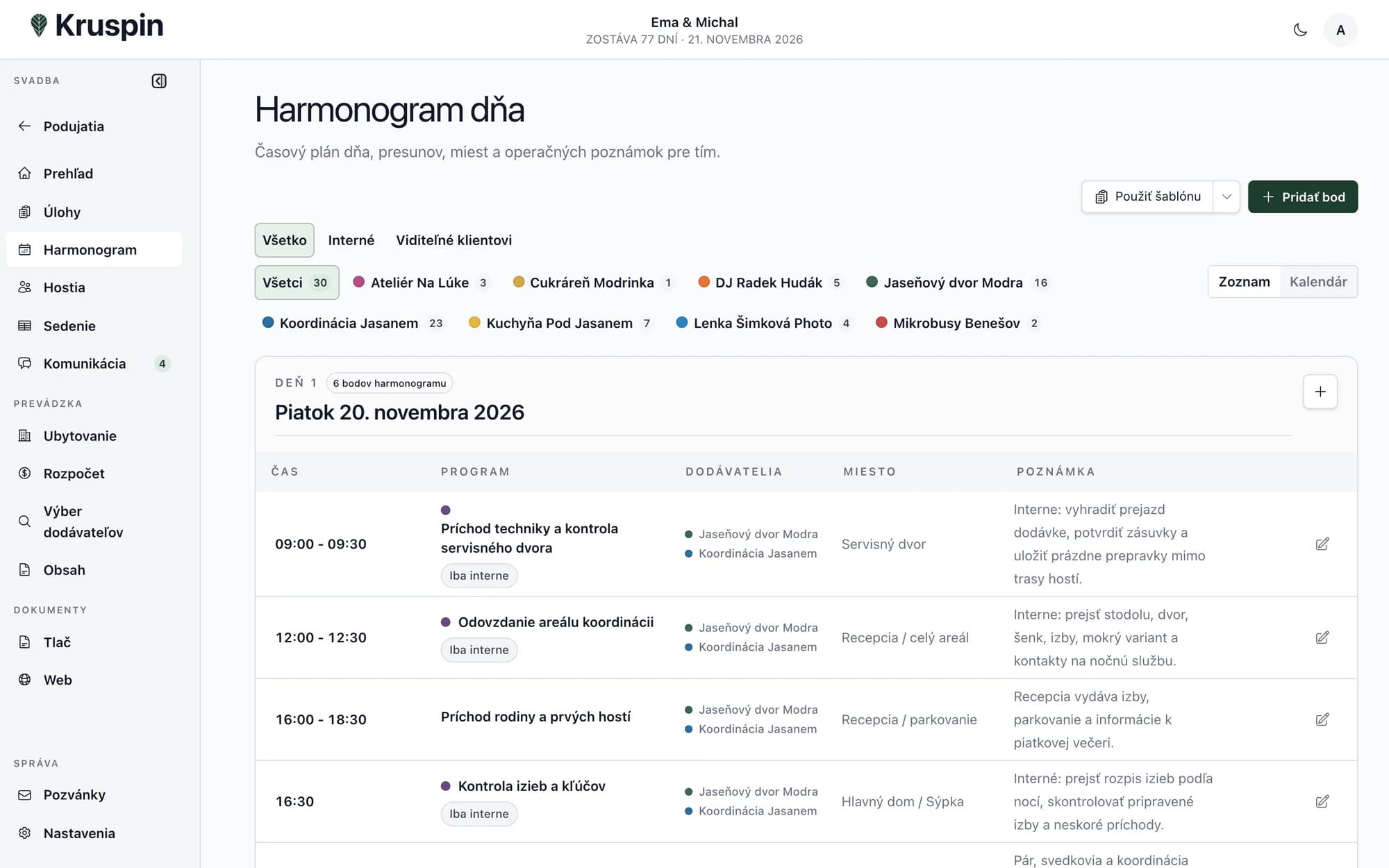 Harmonogram s časmi, miestami a zodpovednými ľuďmi v aplikácii Kruspin