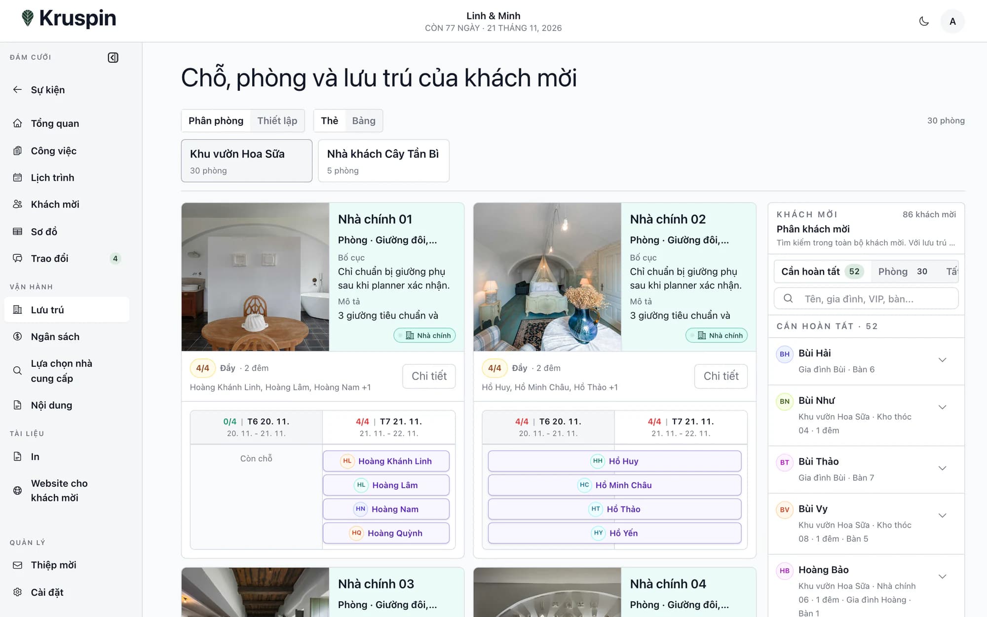 Phòng, sức chứa và khách mời lưu trú trong ứng dụng Kruspin