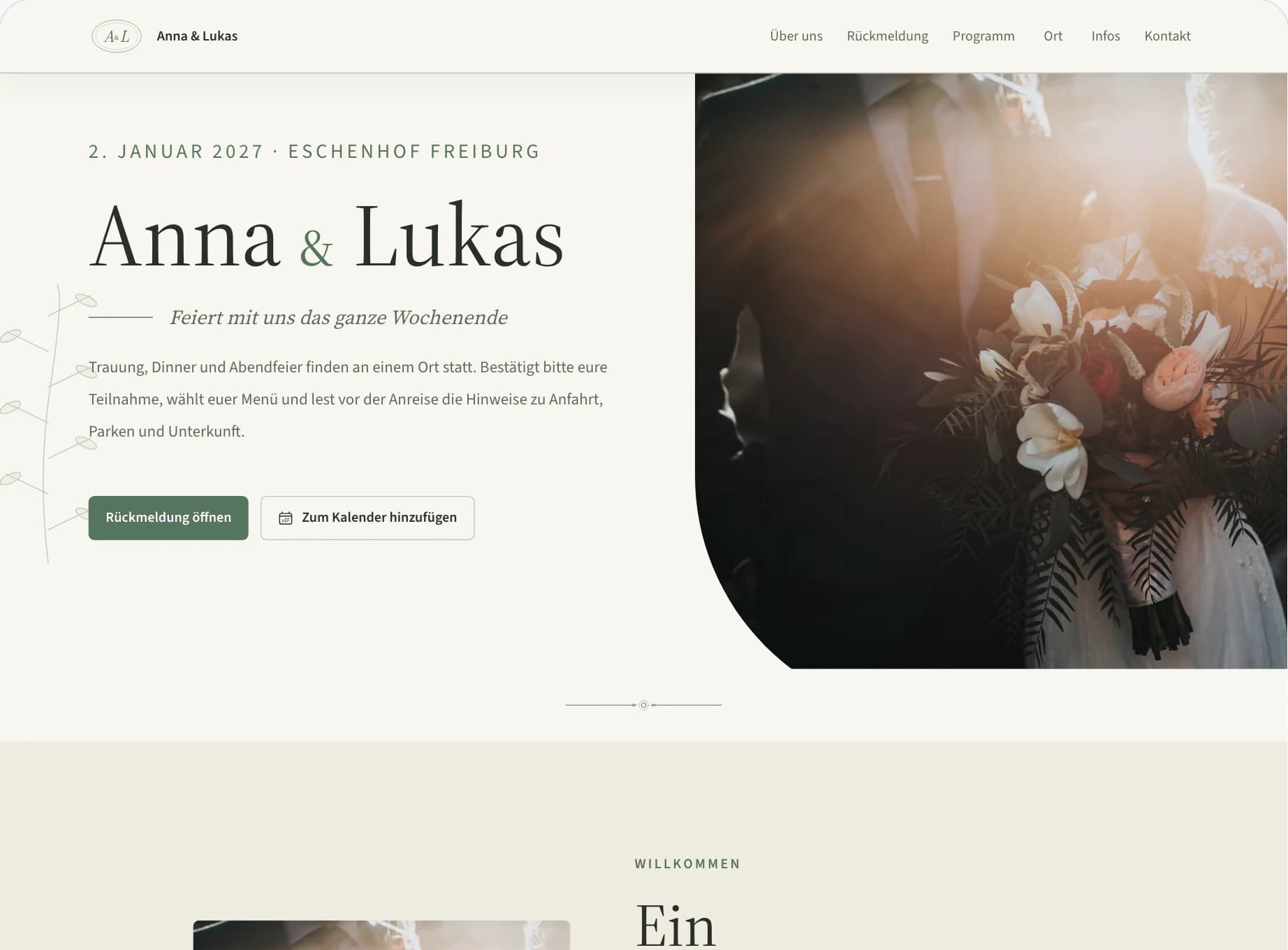 Editor der Website für Gäste mit Vorschau der Startseite der Hochzeit Anna & Lukas