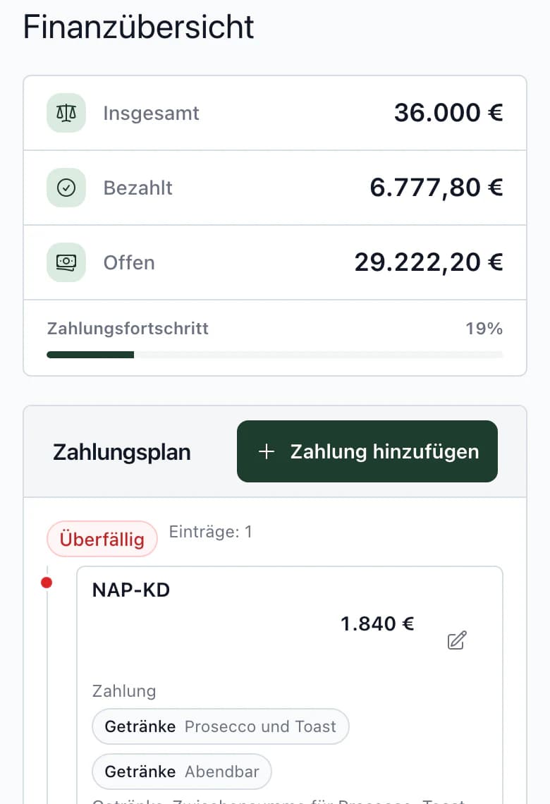 Budget am Smartphone: insgesamt, bezahlt, offen und die erste Zahlung des Zahlungsplans