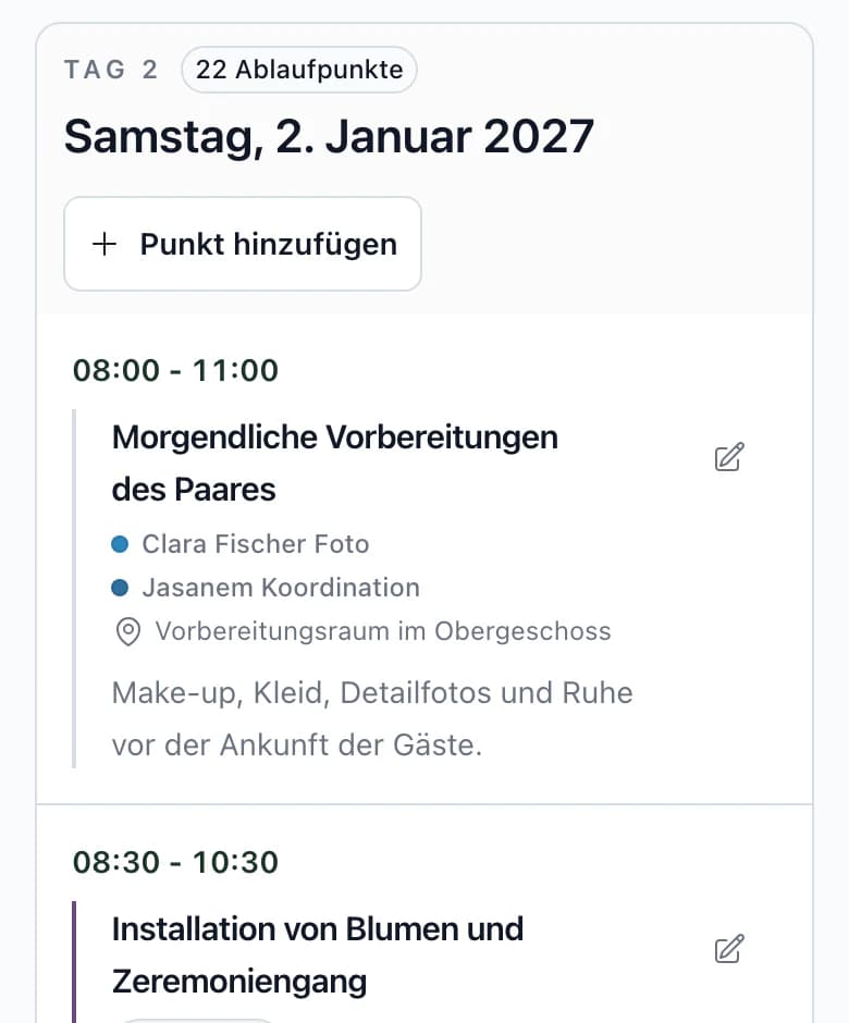 Ablaufplan des Hochzeitstags auf dem Smartphone mit Uhrzeit, Programmpunkt, Dienstleistern und Ort