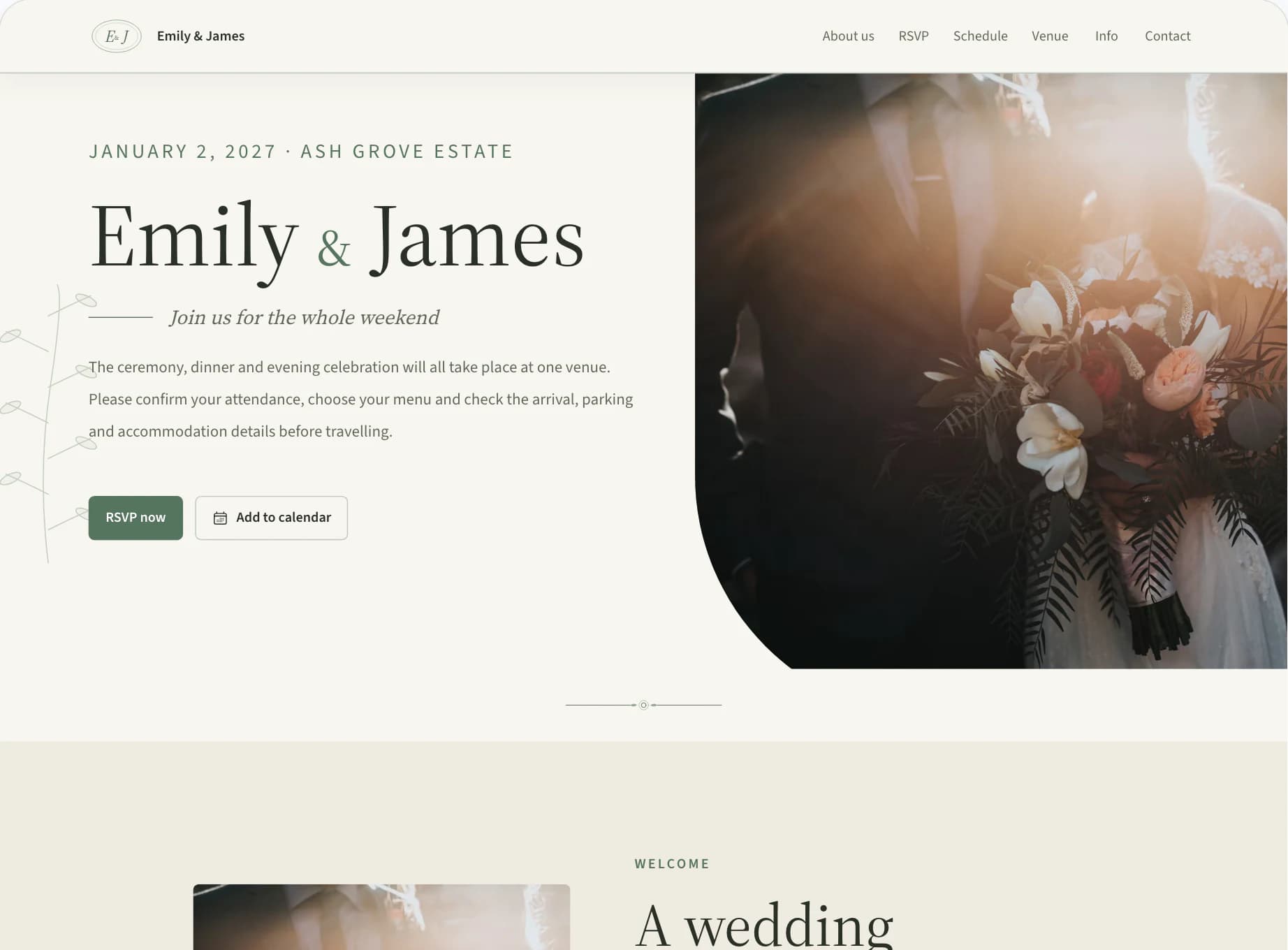 Guest website editor showing Emily & James's wedding homepage preview