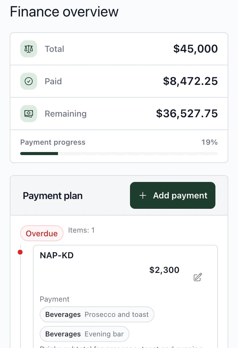 Budget on a phone: total, paid, remaining and the first payment in the plan