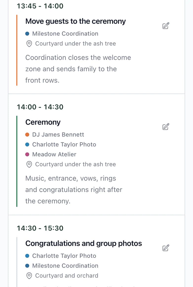 Ceremony timeline item, 14:00 to 14:30, with DJ James Bennett, Charlotte Taylor Photo and Meadow Atelier; location: courtyard under the ash tree; note: music, entrance, vows, rings and congratulations immediately after the ceremony