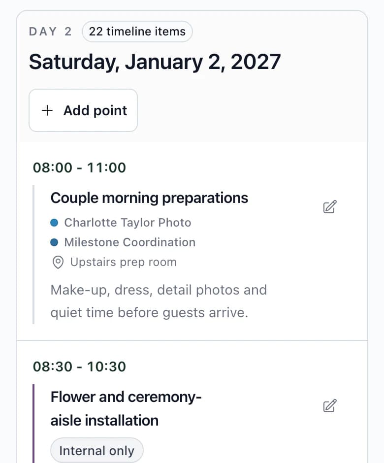 Wedding day timeline on a phone: time, schedule item, vendors and location