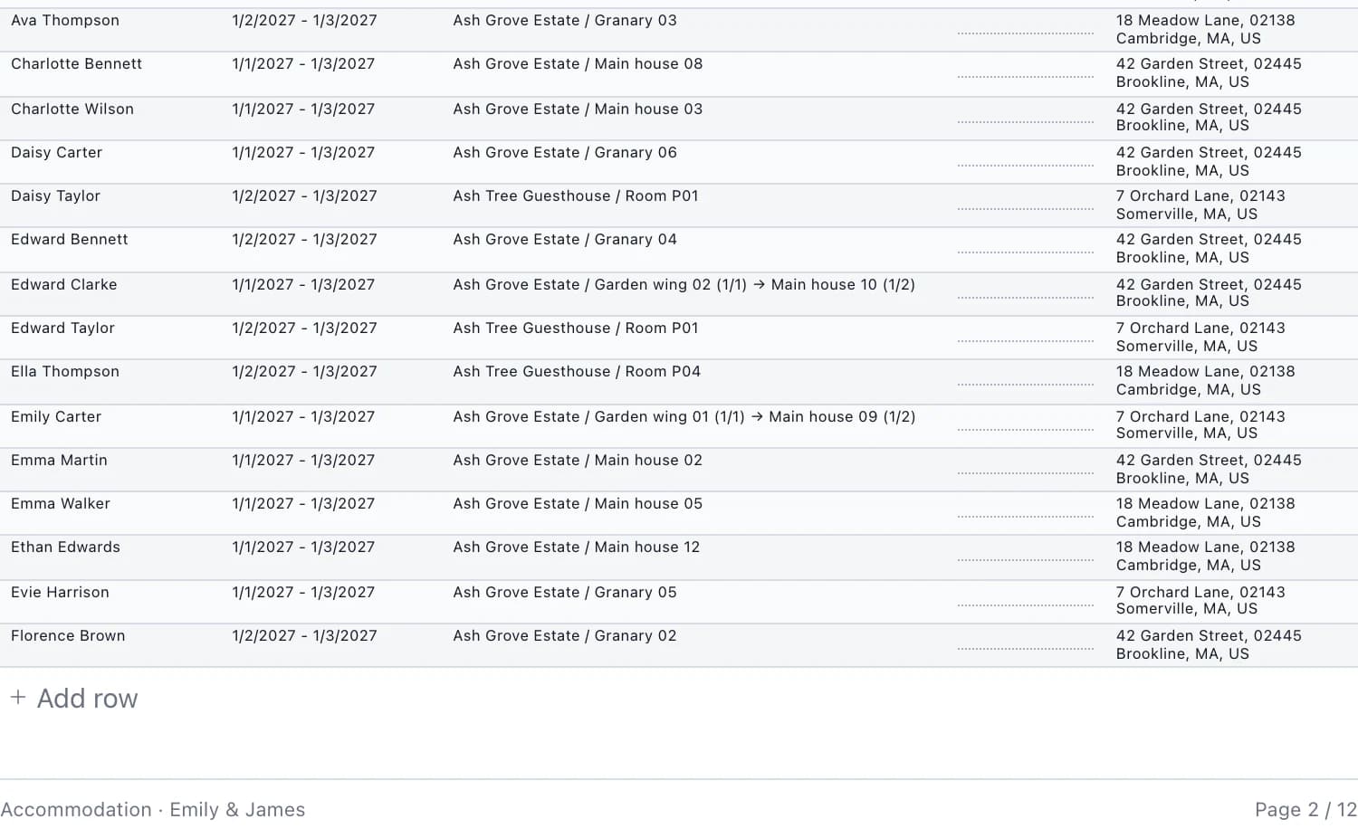 Reception document: alphabetical guest lookup with stays, rooms and room changes between nights