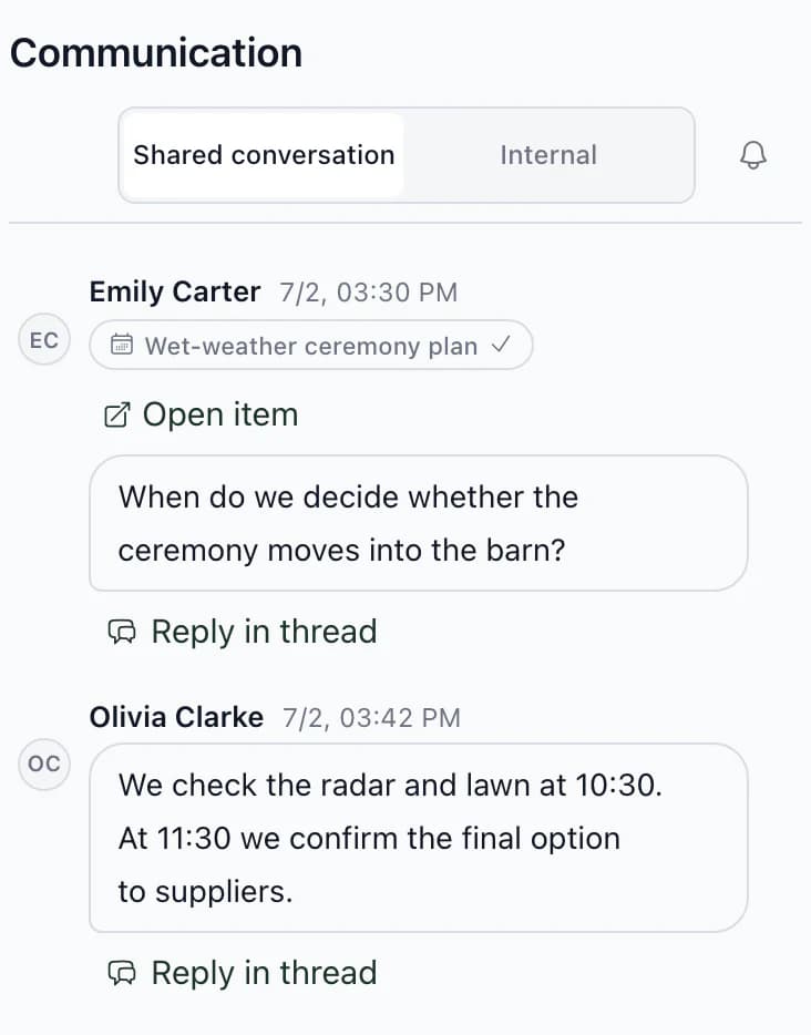 Client communication: at the Wet-weather ceremony plan item, Emily Carter asks when the decision to move to the barn will be made, with a reply giving check times