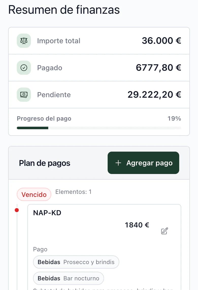 Presupuesto en el móvil: total, pagado, pendiente y primer pago del calendario