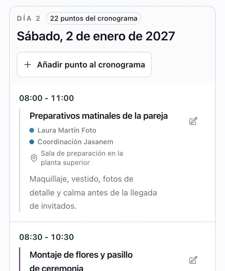 Cronograma del día de la boda en el móvil, con hora, actividad, proveedores y lugar