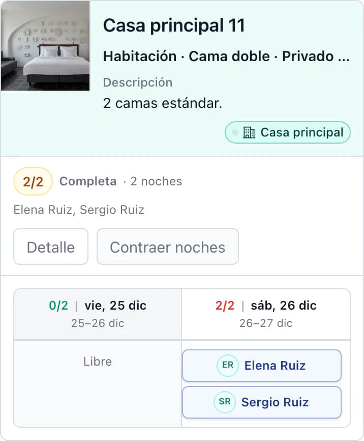 Habitación Casa principal 11 por noche en el móvil: libre el viernes; Elena Ruiz y Sergio Ruiz el sábado 26 dic, habitación completa