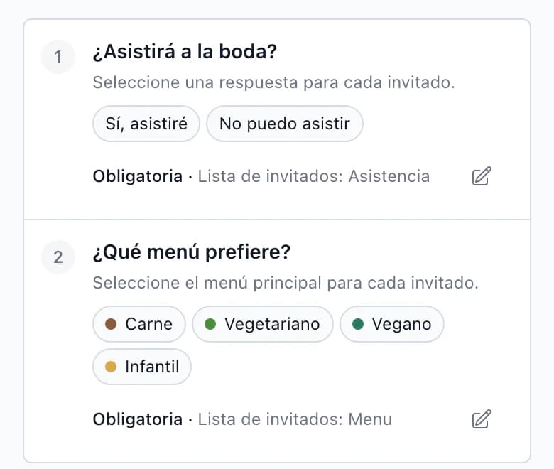 Pregunta RSVP ¿Confirma su asistencia a la boda?, vinculada a Lista de invitados: Asistencia, en el móvil