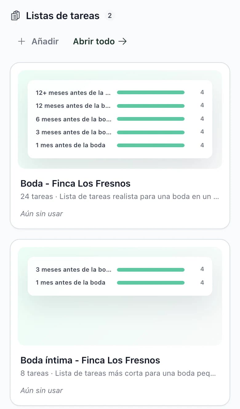 Plantillas en el móvil: listas de tareas con vista previa por meses hasta la boda