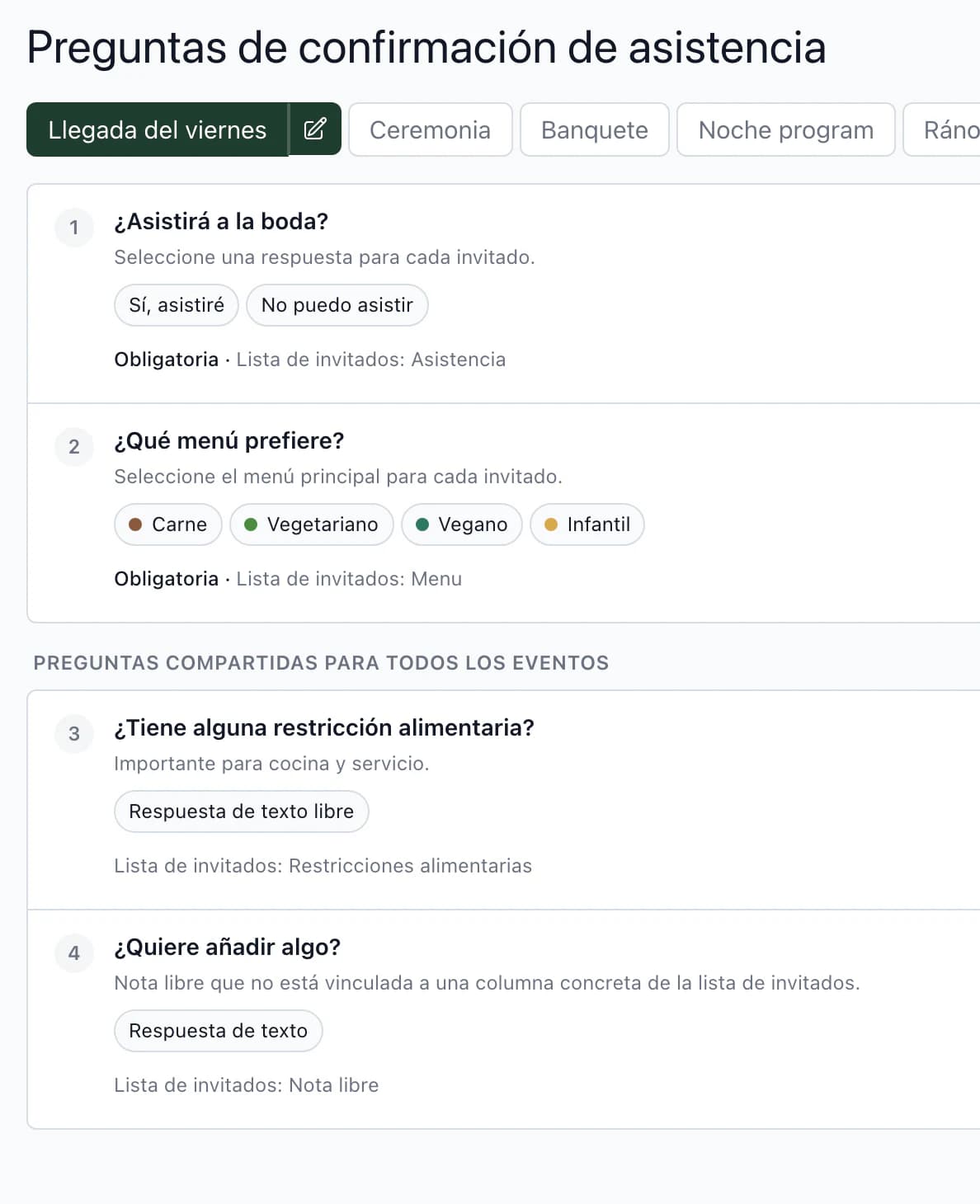 Configuración de preguntas RSVP: asistencia y elección de menú vinculadas a la lista de invitados