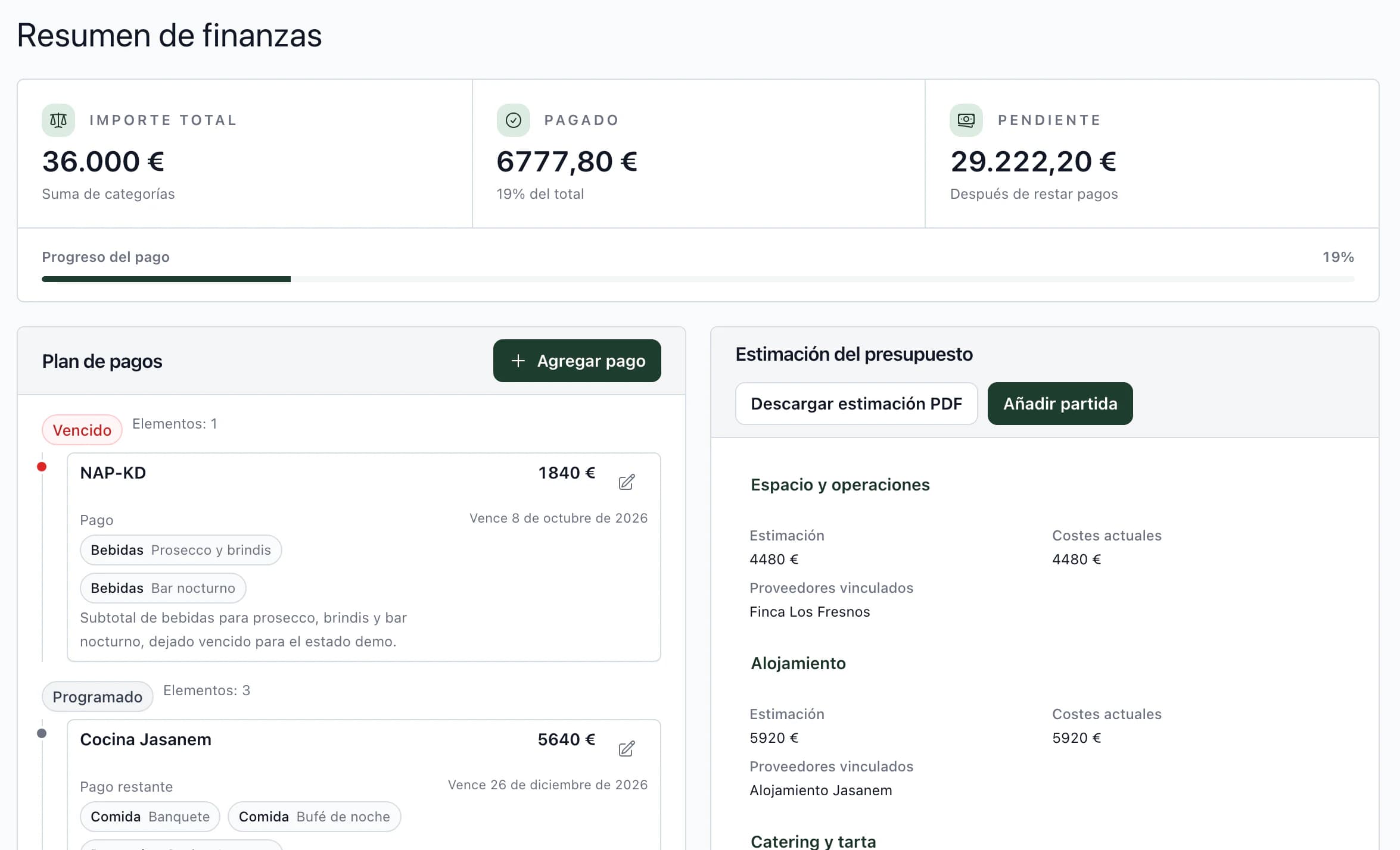 Presupuesto de boda: total, pagado y pendiente; debajo, el calendario de pagos con el pago vencido arriba
