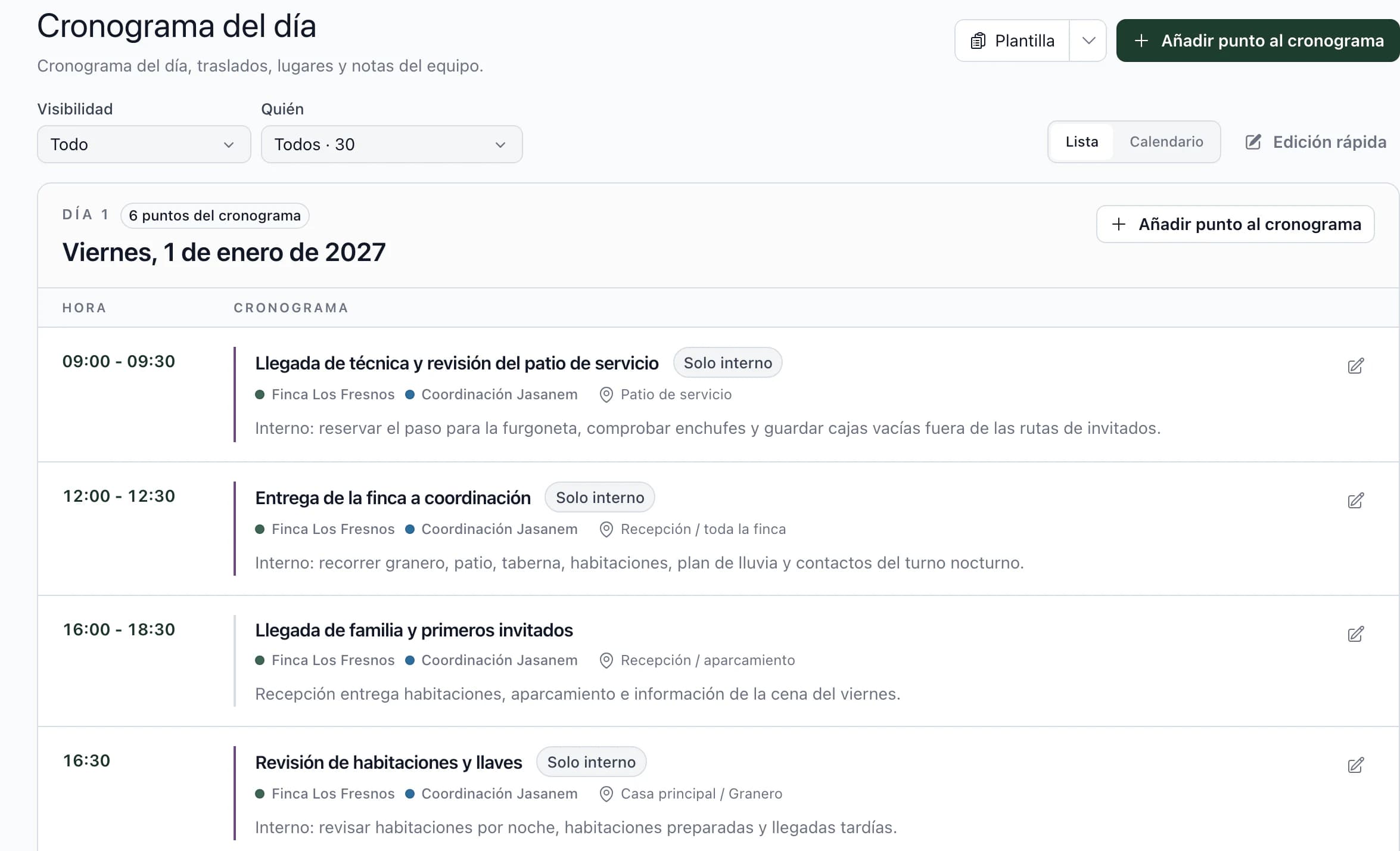 Cronograma del día con horas, proveedores, lugares y notas internas