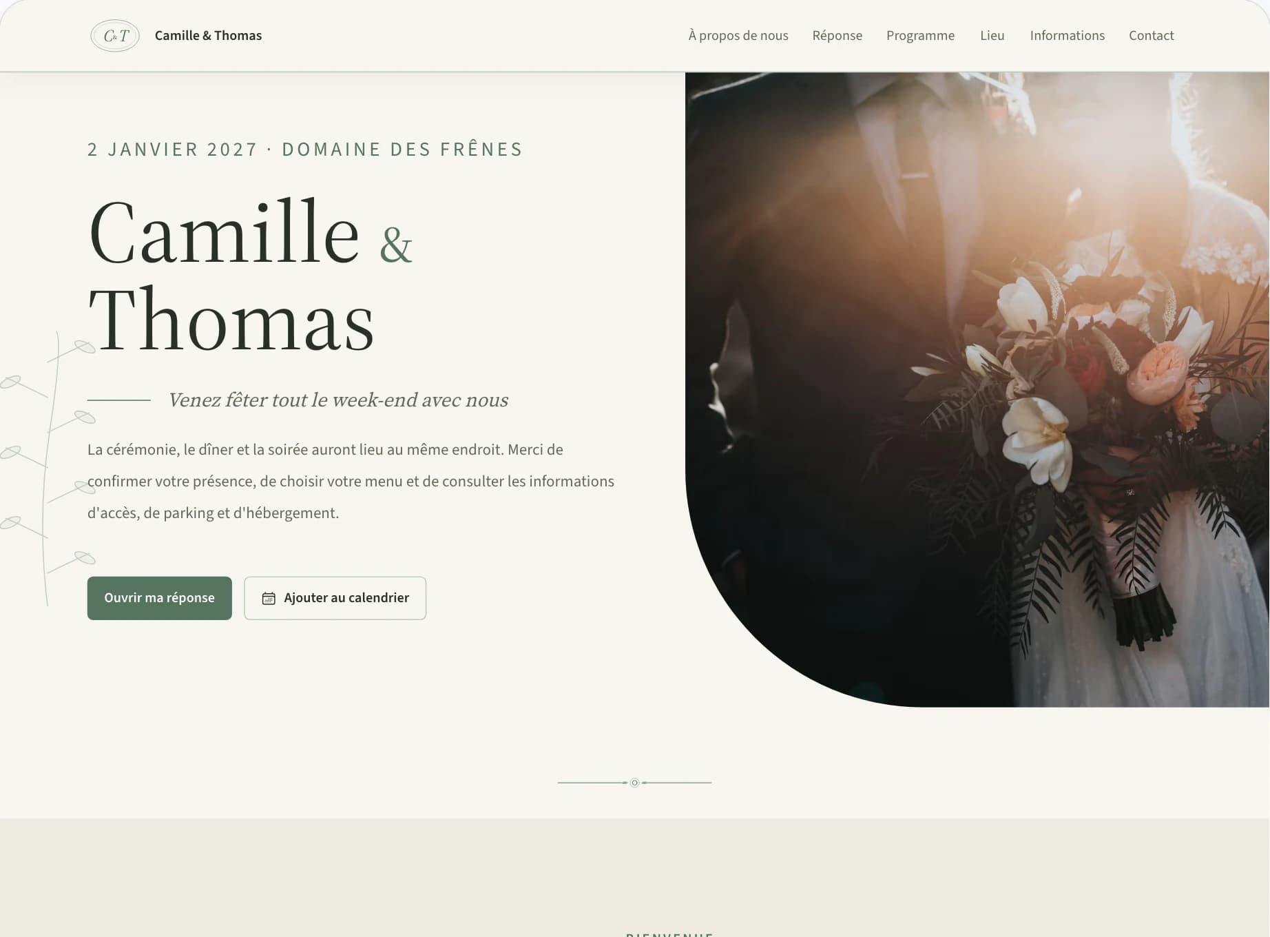 Éditeur du site pour les invités avec l'aperçu de la page d'accueil du mariage Camille & Thomas