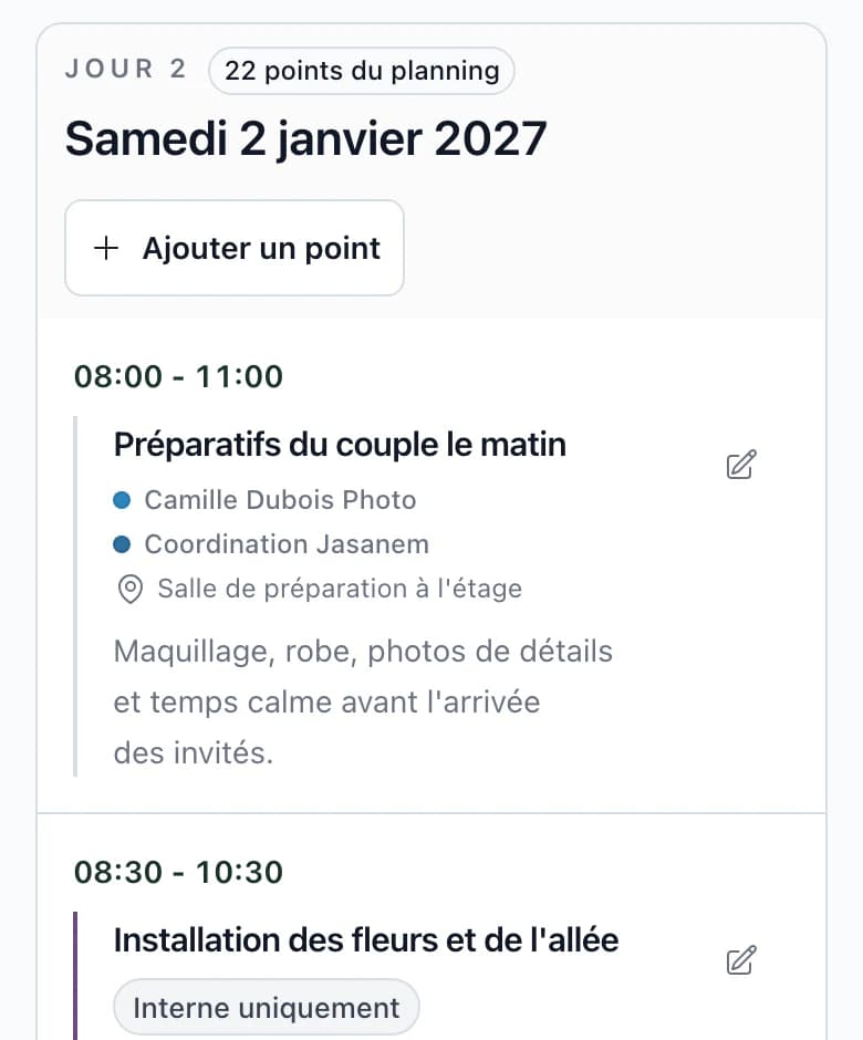 Planning du jour du mariage sur téléphone, heure, étape du programme, prestataires et lieu