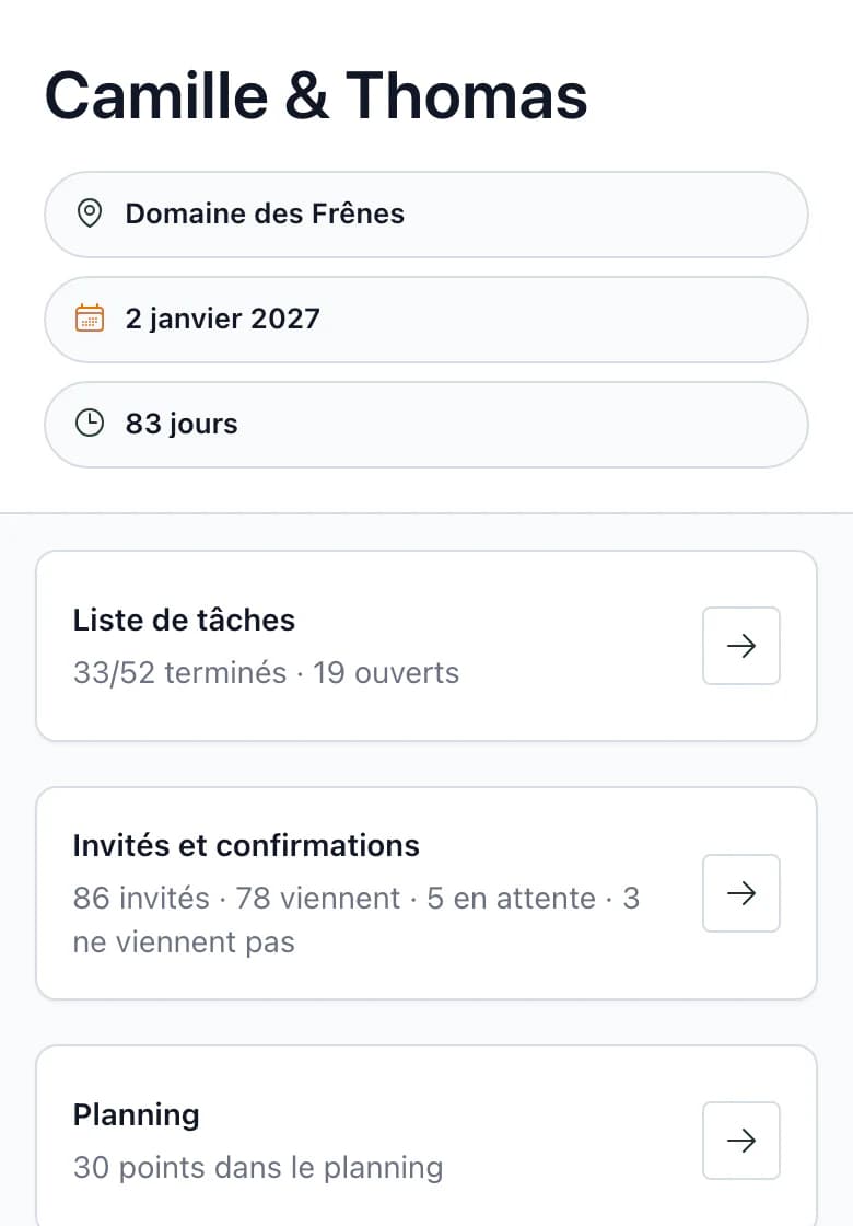 Vue d'ensemble du mariage Camille & Thomas sur téléphone : nom du mariage et lieu Domaine des Frênes