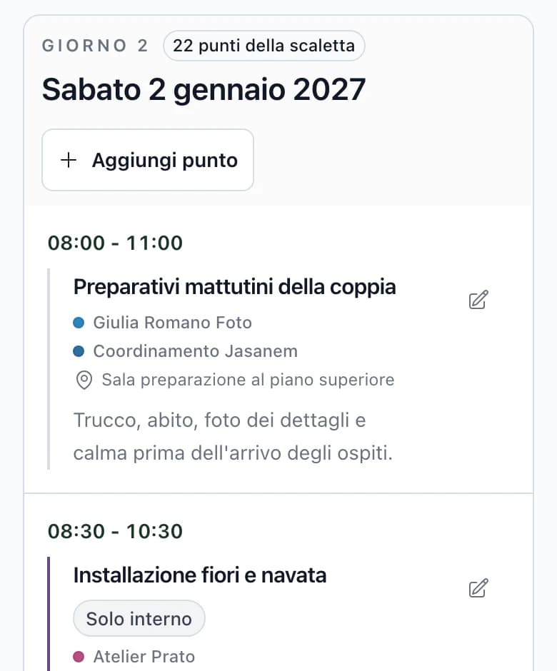 Scaletta del giorno del matrimonio sul telefono, con orario, voce del programma, fornitori e luogo