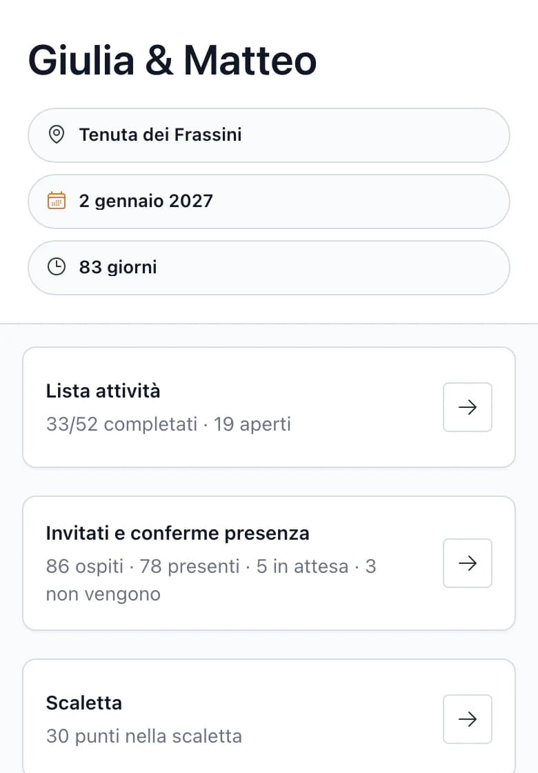 Riepilogo del matrimonio Giulia & Matteo sul telefono: nome del matrimonio e location Tenuta dei Frassini