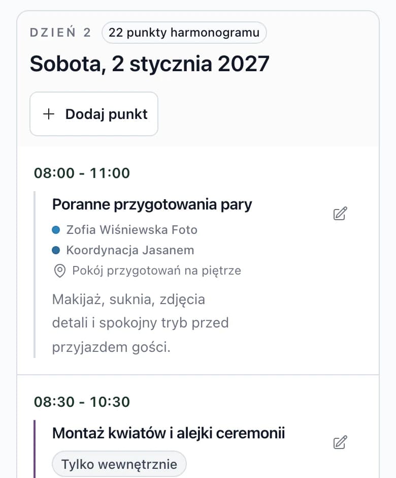 Harmonogram dnia ślubu na telefonie: godzina, punkt programu, podwykonawcy i miejsce