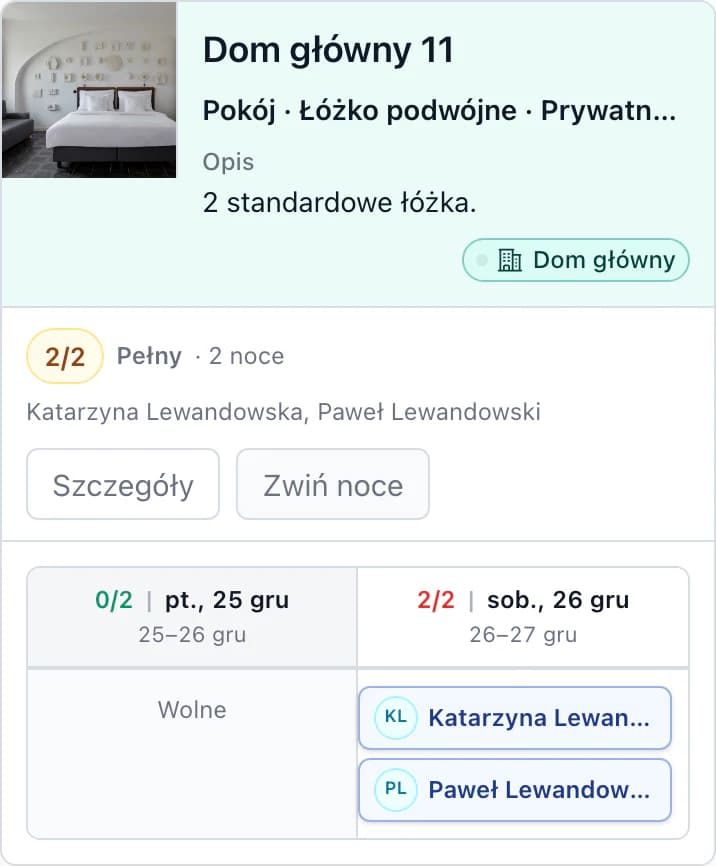 Pokój Główny budynek 11 na poszczególne noce na telefonie: w piątek wolny, w sobotę 26 gru Katarzyna Lewandowska i Paweł Lewandowski, pokój pełny
